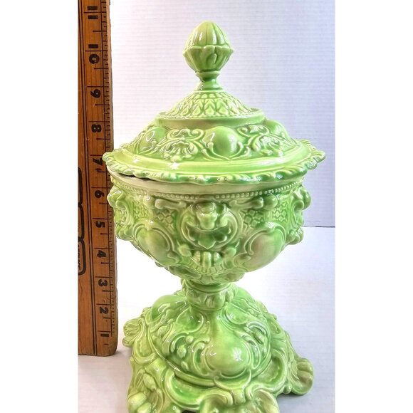 Ornate Vtg Green Ceramic Hand Crafted Pedestal Victorian Candy Jar Farmhouse - Picture 11 of 13